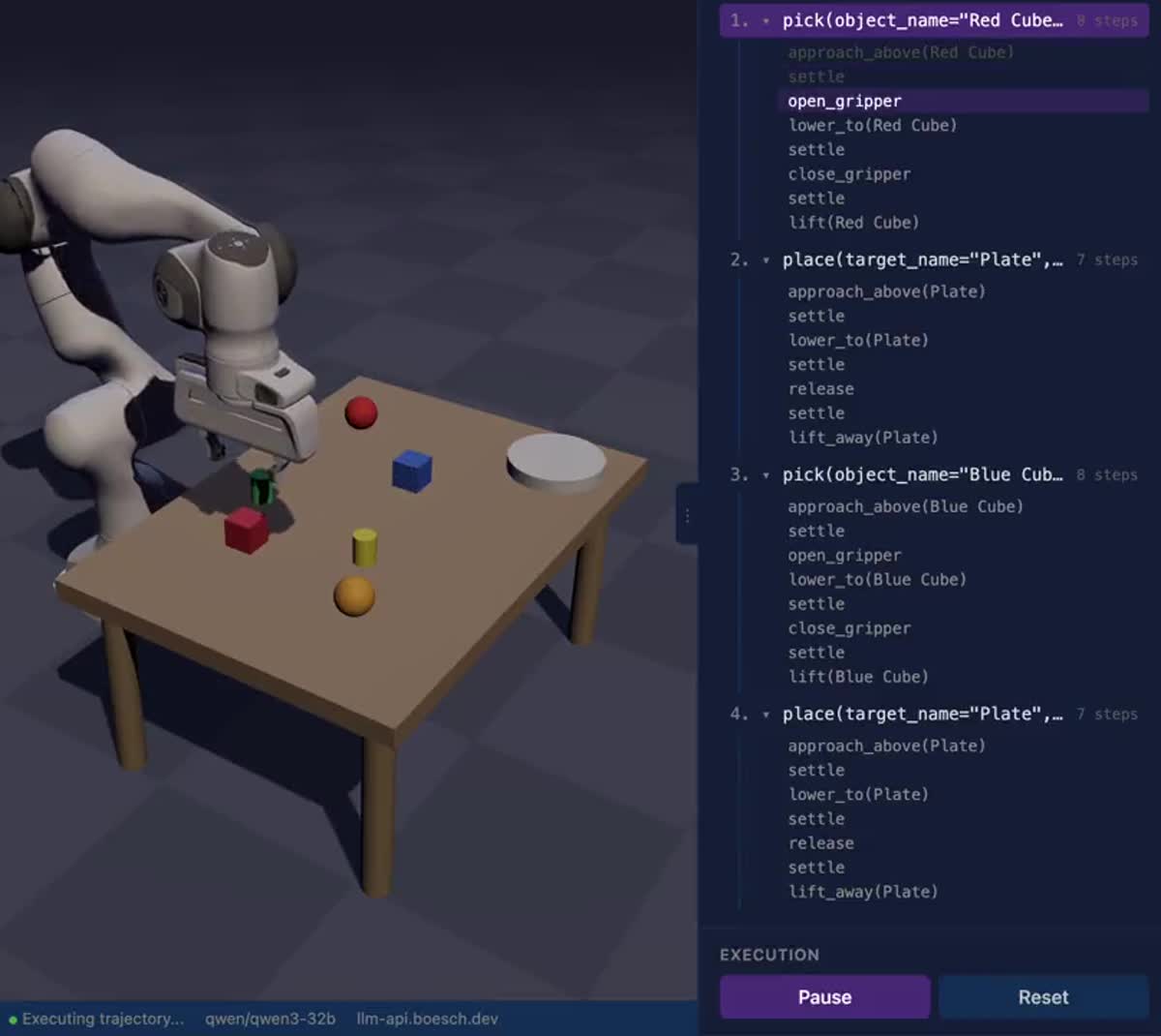 MuJoCo robot arm executing an LLM-generated trajectory on a tabletop scene